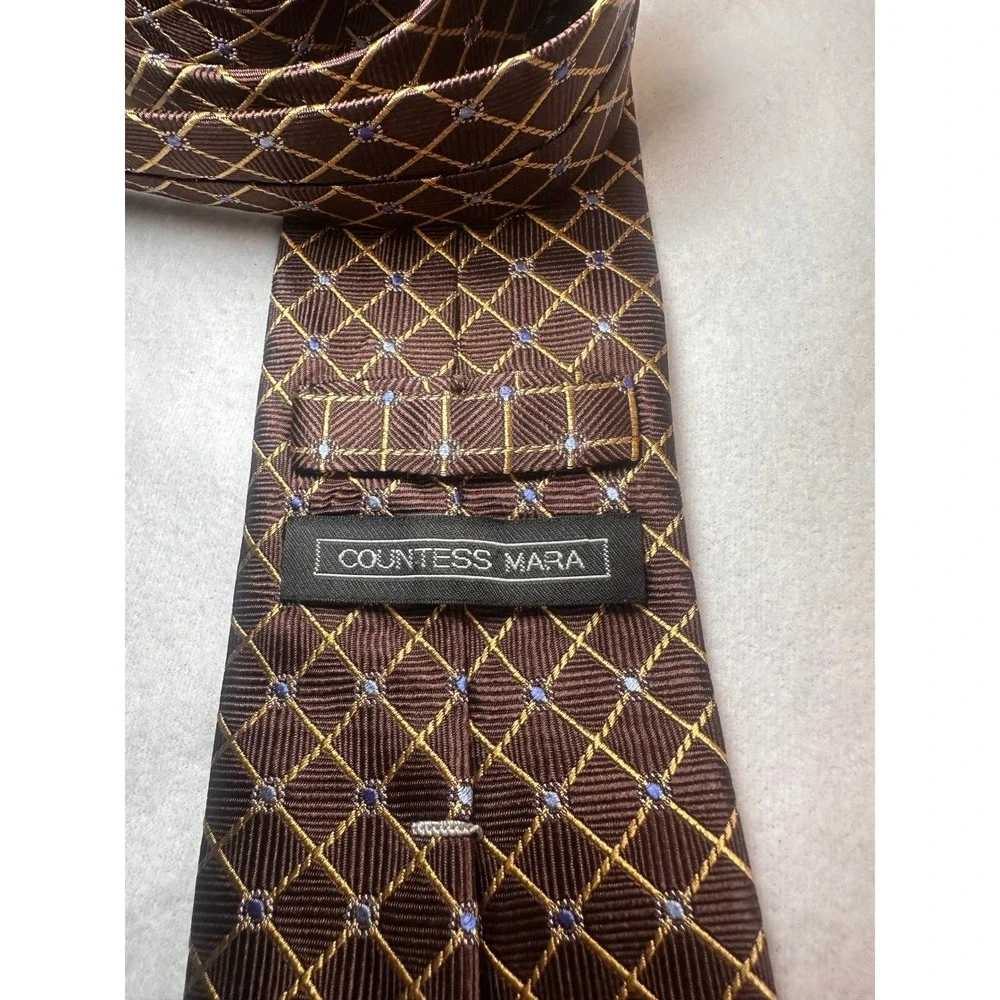 Countess Mara Mens Brown Gold‎ Silk Geometric Lattice Rope Print Necktie